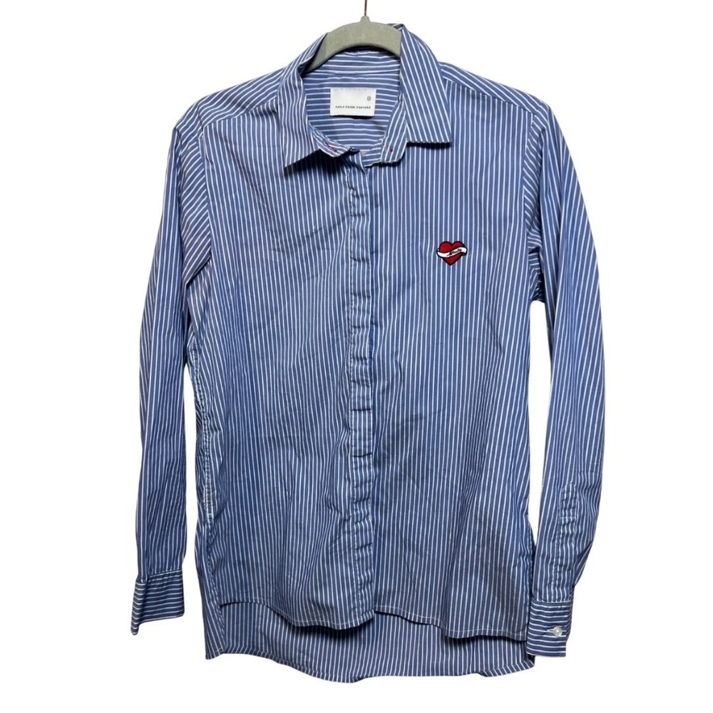 Paula Cahen D'Anvers Blue White Striped Cotton Heart Patch Button Down Shirt 2